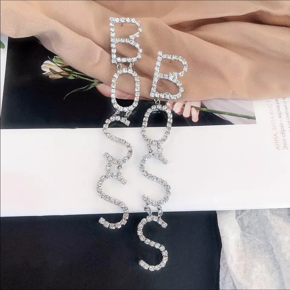 BOSS CRYSTAL statement dangle silver earrings NWT